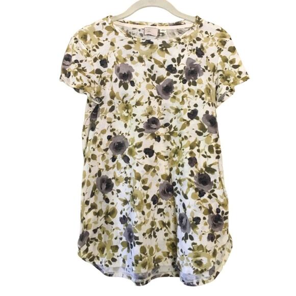 Anthropologie Tops - Anthropologie Gray Green Floral Rose Print Boho White Short-sleeve Tee Shirt M